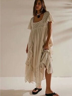 Free People Boho Lace-Trim Maxi Dress in Cream
